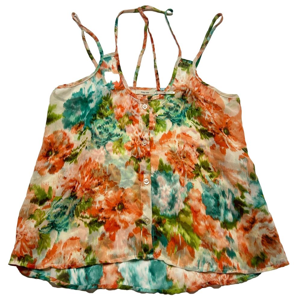 Poetry Women’s M Button Up Tank Boho Watercolor Orange Blue No Flaws